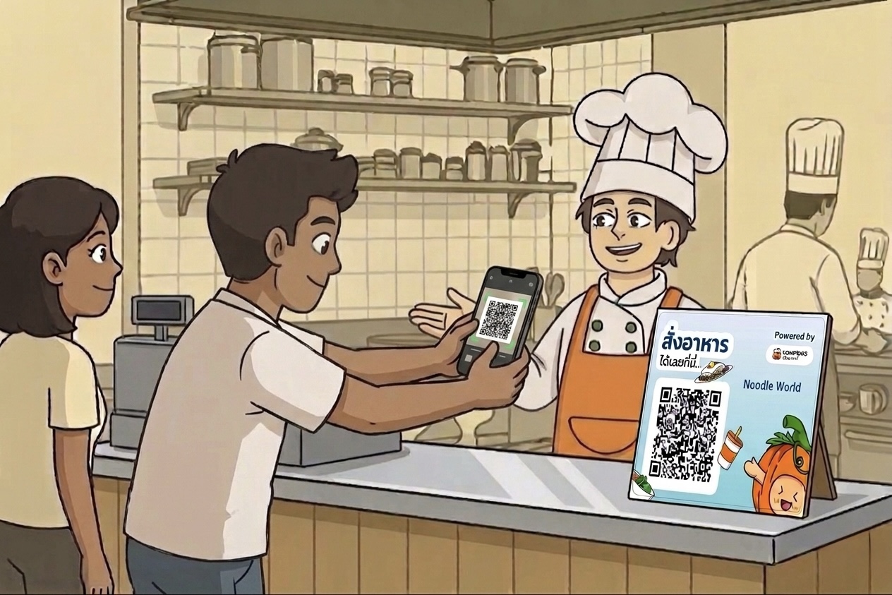 ลูกค้าสแกน QR ป้ายตั้งโต๊ะหน้าเคาน์เตอร์ร้าน เพื่อสั่งอาหารเอง
